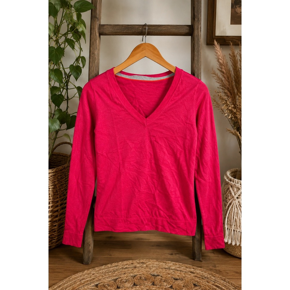 Hot Pink Merino Wool V Neck Sweater Lightweight Preppy Knit Women's L Fuchsia